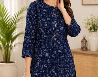 Blue Cotton Kurti for Women, Printed Tunic Top, Indian Boho Kurta, Casual Long Sleeve Shirt, Everyday Ethnic Wear, Gift for Her