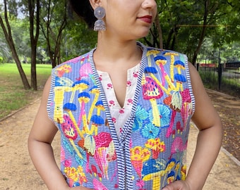 Katoenen gewatteerd hemd Paddestoelprint Kantha Handgemaakte, Indiase taillejas Feestkleding Heupjas Katoenen kort jack, voor dames, MAAT 'M' S.