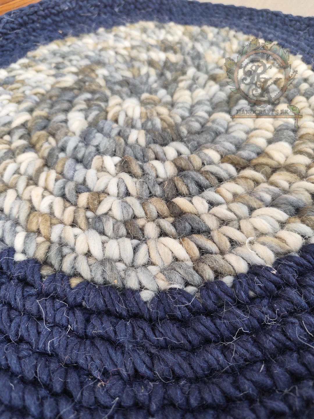 Handwoven Round Wool Rug , Blue Grey Braided Wool Area Rug , Natural ...