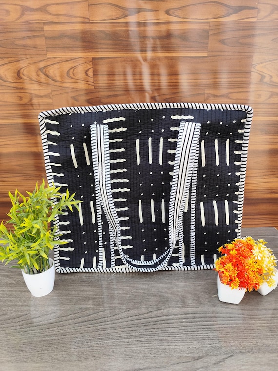 Handmade Block Print Quilted Cotton Bag, Black White Shopper Bag, Large Reusable Market Grocery Bag, Everyday Shoulder Tote , Gift for Women