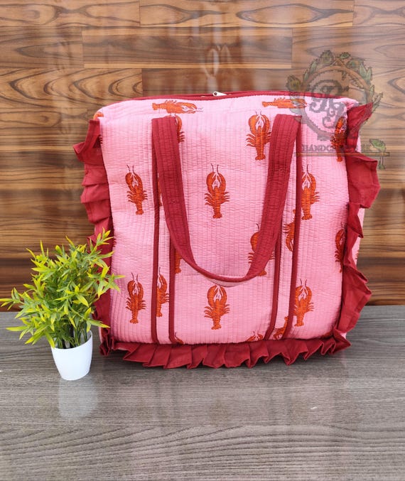 Pink Cotton Quilted Tote Bag with Ruffle Edges : Handmade Travel Tote, Large Shoulder Bag, Block Print Bag for Women, Everyday Carryall"