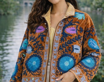 Handmade Embroidered Boho Velvet Jacket for Women, Floral Suzani Coat, Colorful Bohemian Outerwear, Gift For Her.