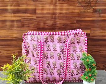 Pink Hand block Print Quilted Tote Bag , Cotton Bag , Large Shoulder Bag , Handmade Shopping Tote , Indian Block Print Bag For Women.