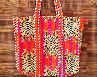 Handmade Orange Tiger Block Print Tote Bag, Handmade Premium Animal Pattern Shoulder Bag, Elegant Statement Carry Bag, Durable Everyday Tote