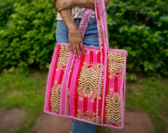 Handmade Block Print Tiger Print Quilted Cotton Tote Bag : Zippered Grocery Handbag, Market Bag Stylish Tote For Women.