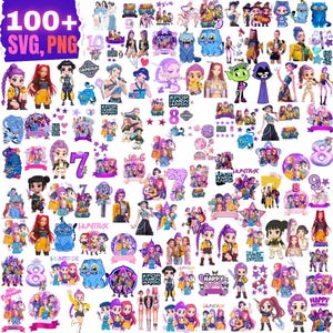 Peut inclure: Une collection de graphiques numériques avec des personnages de dessins animés, des chiffres et du texte. Les graphiques comprennent diverses couleurs et styles, avec le texte "100+ SVG, PNG" en haut. L'image a un fond blanc.