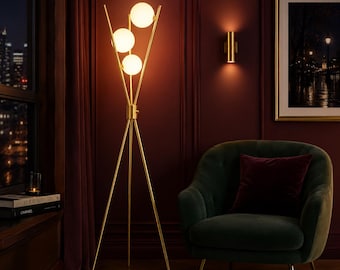 Mid-Century Modern Gold Tripod Floor Lamp, 3 Frosted Globe Lights, Dimmable Warm White (3000K)