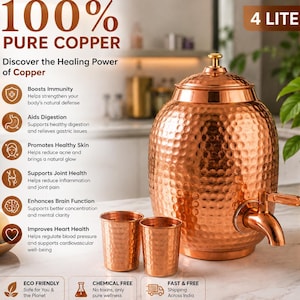 May include: A 4-liter hammered copper water dispenser with a matching lid and spigot, accompanied by two small hammered copper cups. The text on the image reads 100% PURE COPPER, 4 LITER, and lists various health benefits and product features.