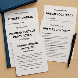 Könnte beinhalten: Eine Sammlung weißer Papierdokumente mit schwarzem Text, darunter "OPROEPCONTRACT" und "MIN-MAX CONTRACT", ist auf einer hellen Holzoberfläche angeordnet. Ein schwarzer Stift liegt auf den Papieren, und ein blauer Ordner ist sichtbar.