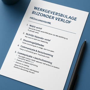 Könnte beinhalten: Ein weißes Dokument mit niederländischem Text, betitelt "WERKGEVERSBIJLAGE BIJZONDER VERLOF", liegt auf einer blauen Oberfläche. Ein schwarzer Stift liegt auf dem Dokument. Eine kleine Topfpflanze befindet sich in der oberen linken Ecke. Das Dokument listet mehrere Punkte auf.