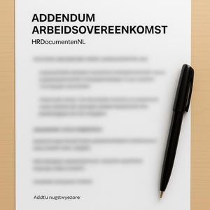 Puede incluir: Un documento blanco con el texto "ADDENDUM ARBEIDSOVEREENKOMST" y "HRDocumentenNL" en negro. Un bolígrafo negro descansa diagonalmente sobre el documento en una superficie de madera marrón claro. El texto del documento está borroso.
