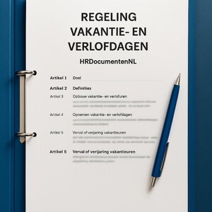 以下が含まれることがあります： 「REGELING VAKANTIE- EN VERLOFDAGEN」と「HRDocumentenNL」というタイトルが書かれた白い書類が入った青いバインダー。青いペンが書類の上に置かれています。書類には記事がリストされています。