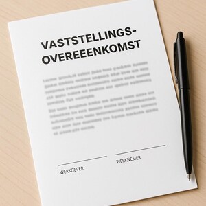 Puede incluir: Un documento blanco con el texto "VASTSTELLINGS-OVEREEENKOMST" en negro, con líneas para "WERKGEVER" y "WERKNEMER". Un bolígrafo negro descansa sobre el documento, que está sobre una superficie marrón claro.