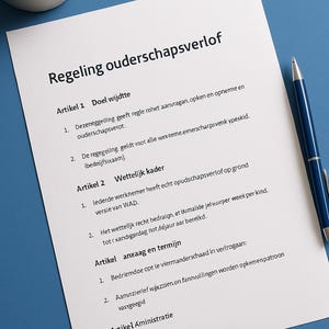 Könnte beinhalten: Ein weißes Dokument mit niederländischem Text mit dem Titel "Regeling ouderschapsverlof" liegt auf einer blauen Oberfläche. Ein blauer Stift liegt auf dem Dokument. Eine kleine Topfpflanze befindet sich in der oberen linken Ecke. Das Dokument enthält Artikel.