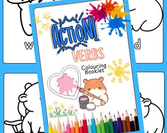 Puede incluir: Un libro para colorear para niños titulado "Action Verbs Coloring Booklet" con ilustraciones de un hámster pintando un corazón, un sol y varias palabras de acción. La portada presenta salpicaduras de pintura coloridas y una colección de lápices de colores.