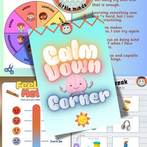 Może przedstawiać: Edukacyjne plakaty dla dzieci, w tym znak "Calm Down Corner", koło emocji i wykres "Feel Met". Plakaty zawierają kolorowe ilustracje i tekst do nauki emocjonalnej.
