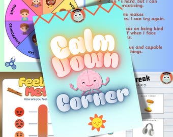 Może przedstawiać: Edukacyjne plakaty dla dzieci, w tym znak "Calm Down Corner", koło emocji i wykres "Feel Met". Plakaty zawierają kolorowe ilustracje i tekst do nauki emocjonalnej.