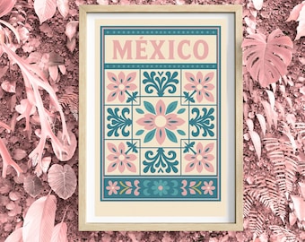 Mexico Art Deco Travel Poster: Pink & Blue Vintage Wall Art