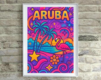 Op de afbeelding: Een rechthoekige wandkunstprint met het woord ARUBA in dikke gele letters bovenaan. Het levendige grafische ontwerp toont een roze flamingo, twee palmbomen, een gele ster en een bloem tegen een wervelende achtergrond van paarse, blauwe, oranje en roze kleuren.