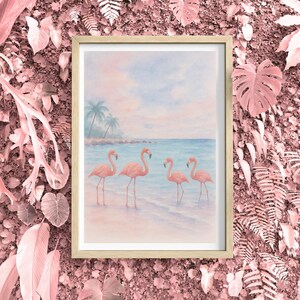 Pastel Flamingo Beach Print: Pink & Blue Tropical Coastal Wall Art