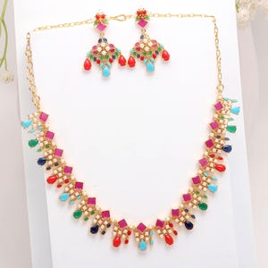 Gold Plated Navratna Necklace Set | Gemstone Jewellery | Traditional Indian Bridal Choker | Festive Wedding Party Wear Set Minimilist Jewel