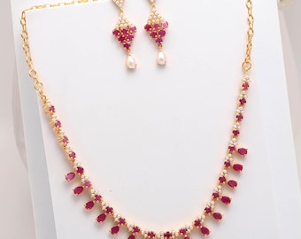 Pearl & Ruby Necklace Set, 22K Gold Plated Bridal Jewelry