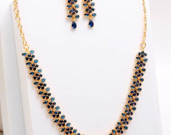 Blue Sapphire Hydro Necklace Set,  22K Gold Plated  | Blue Stone Jewelry
