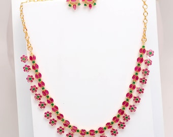 Ruby Emerald Necklace Set, 22K Gold Plated Multi Color Jewelry