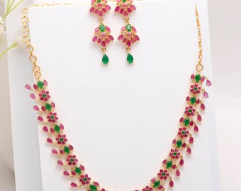 Ruby Emerald Necklace Set, Handcrafted 22K Gold Plated