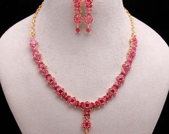 Rubin Blumen Halskette Set, 22K Vergoldet