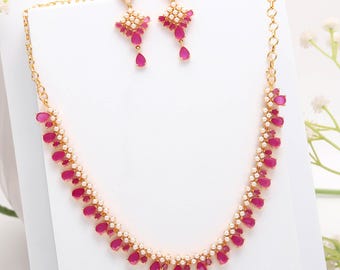 Pearl & Ruby Necklace Set, 22K Gold Plated