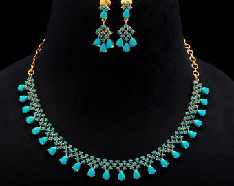 Turquoise Necklace Set : 22K Gold Plated, Handcrafted Indian Jewelry