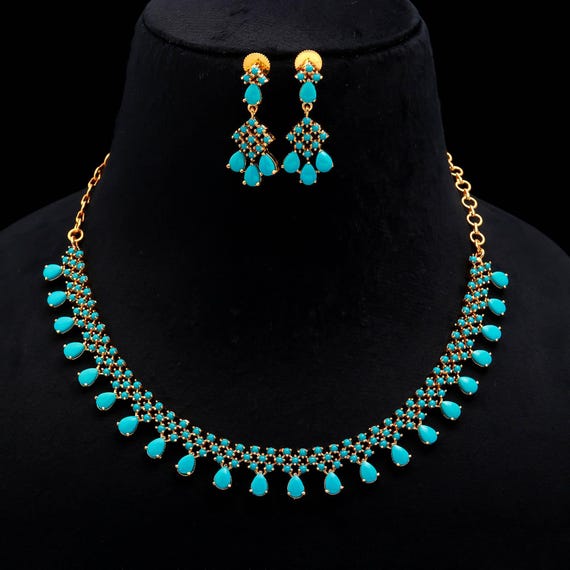 Turquoise Necklace Set : 22K Gold Plated, Handcrafted Indian Jewelry