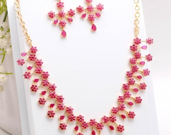 Ruby Necklace Set | 22K Gold Plated, Floral Drop Design Bridal Necklace