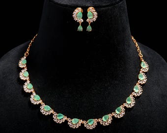 Crystal White & Mint Green Necklace Set, 22k Gold Plated