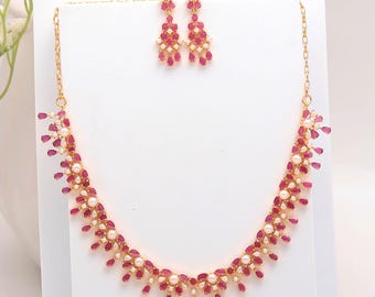Ruby & Pearl Necklace Set : 22K Gold Plated