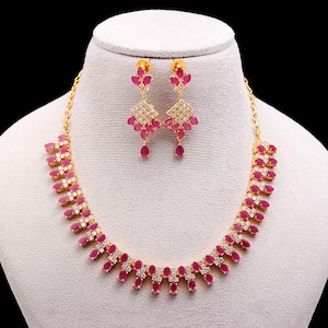 Gold Ruby CZ Necklace Set | Lightweight Diamond Look CZ Jewelry | Handmade South Indian Bridal Choker with Earrings Temple Mugappu Jewellery