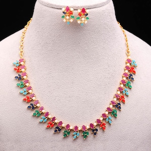 Multicolor Navratna Necklace Set in Gold Plated Finish with Adjustable Back Chain & Matching Earrings | Traditional South Indian Jewelry