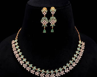Mint Green & CZ White Crystal Necklace Set, 22K Gold Plated Minimalist Jewelry
