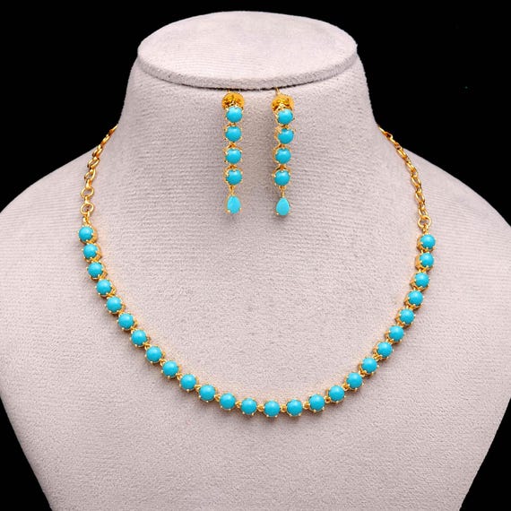 Handcrafted 22k Gold Plated Turquoise Necklace Set, Lightweight Jewelry