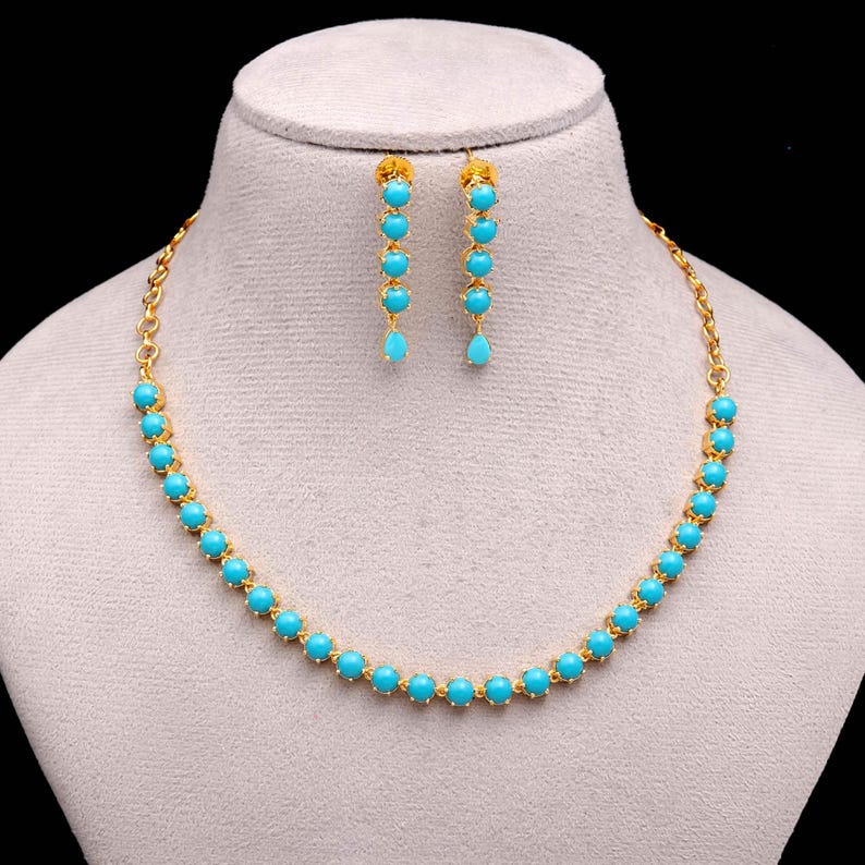 Handgemaakte 22k vergulde turkoois kettingset, lichtgewicht sieraden afbeelding 1