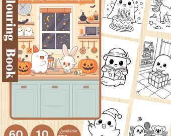 Halloween Kawaii Coloring Pages | 60 Cute Spooky Ghost & Pumpkin Designs + 10 Covers | Printable Colouring Book PDF for Kids and Adults