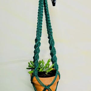May include: A handcrafted macrame plant hanger in a deep green color, suspended from a black metal bracket. The hanger supports a small terracotta pot filled with a succulent plant, showcasing a bohemian style.
