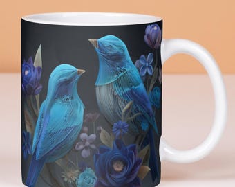 Blue Birds Floral Mug Wrap: Sublimation Design (Digital Download)