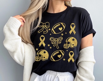 Fútbol y cintas PNG, camiseta de concientización sobre el cáncer infantil, diseño de sublimación de lazo y cinta con purpurina dorada, descarga digital