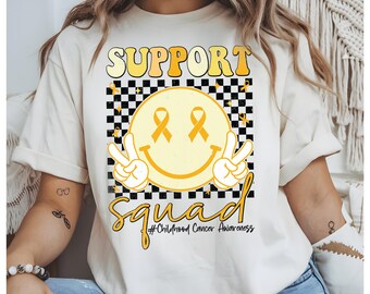 Support Squad Smile Face PNG, Childhood Cancer Awareness Sublimation, Yellow Ribbon Peace Sign Shirt PNG, Digital Download