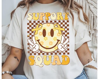 Support Squad Smile Face PNG, Childhood Cancer Awareness Sublimation, Yellow Ribbon Peace Sign Shirt PNG, Digital Download