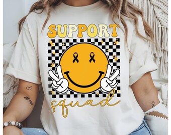 Support Squad Smile Face PNG, Childhood Cancer Awareness Sublimation, Yellow Ribbon Peace Sign Shirt PNG, Digital Download