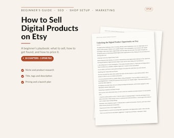 Könnte beinhalten: Ein digitaler Leitfaden mit dem Titel How to Sell Digital Products on Etsy, der Abschnitte zu Nischenrecherche, SEO und Preisgestaltung enthält. Das Dokument umfasst 10 Kapitel im EPUB-Format mit einem klaren Layout und schwarzem Text.