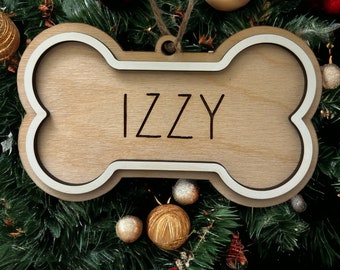 Custom Dog Bone Ornament, Dog Name ornament, Personalized gift, Christmas Ornament, Dog mom gift, Laser Cut, Wood, Handmade